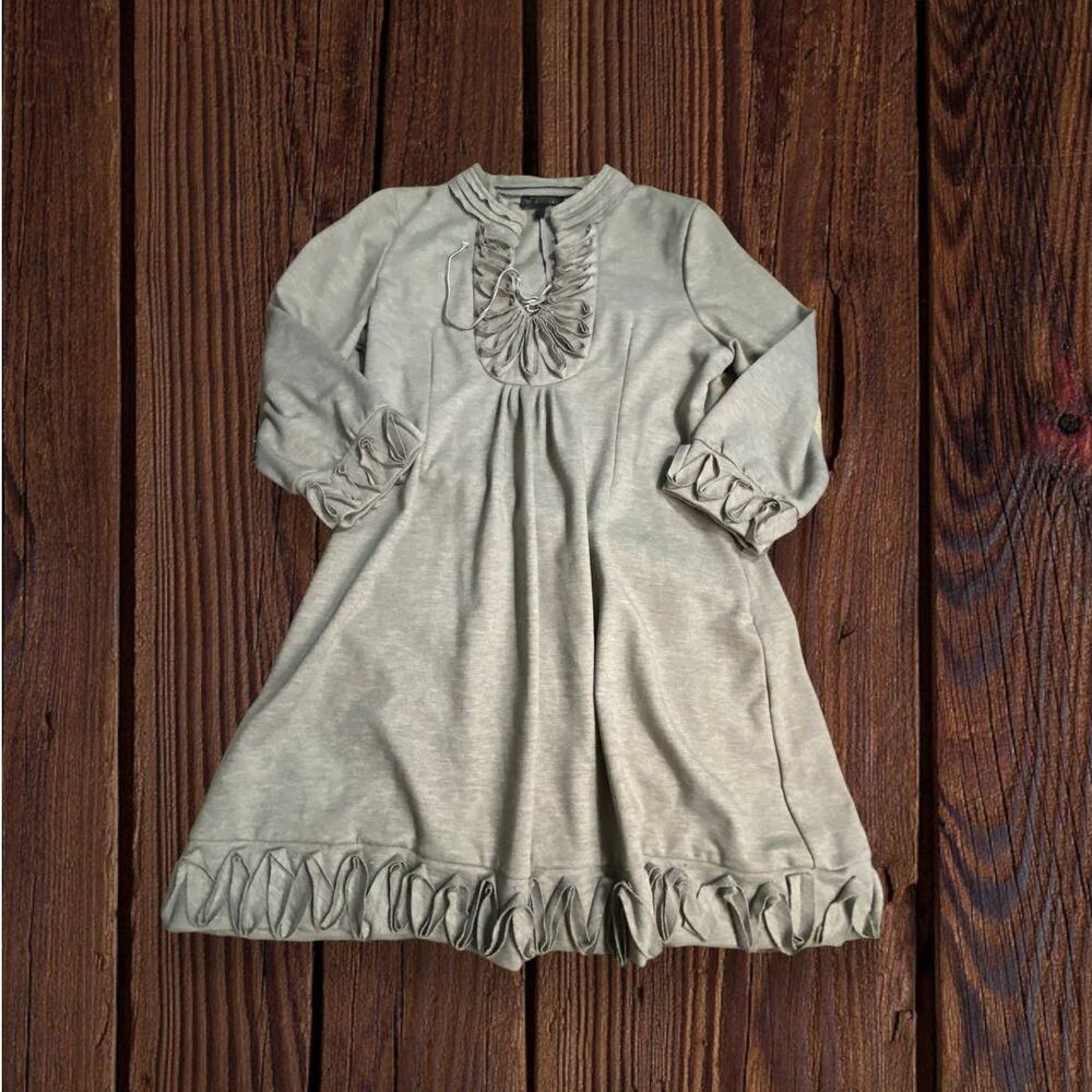 Papillon  Beige Decorative Stitch Trim Long Sleeve Midi Sweater Dress Size Large